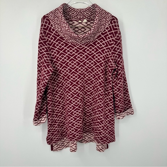 Moth Anthropologie Cowl Neck Long Sweater Tunic Wine Red White Print Large - Picture 1 of 8